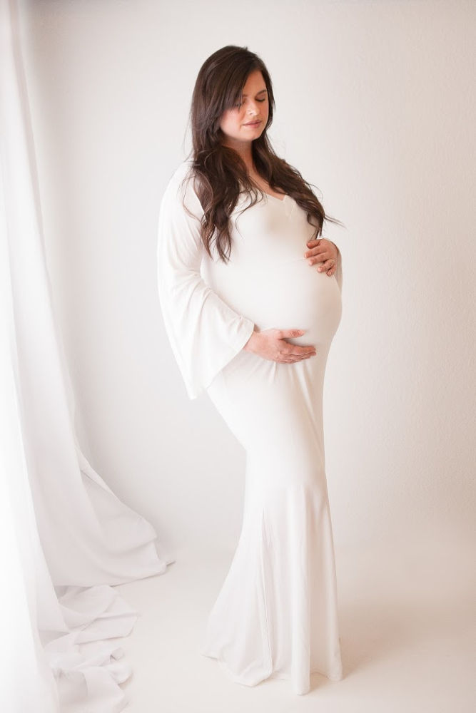classy white gown for newborn and maternity portrait session