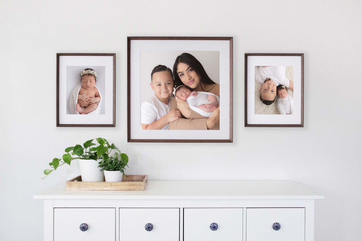 Mesa, AZ Newborn Photographer shares newborn family photo collage above dresser