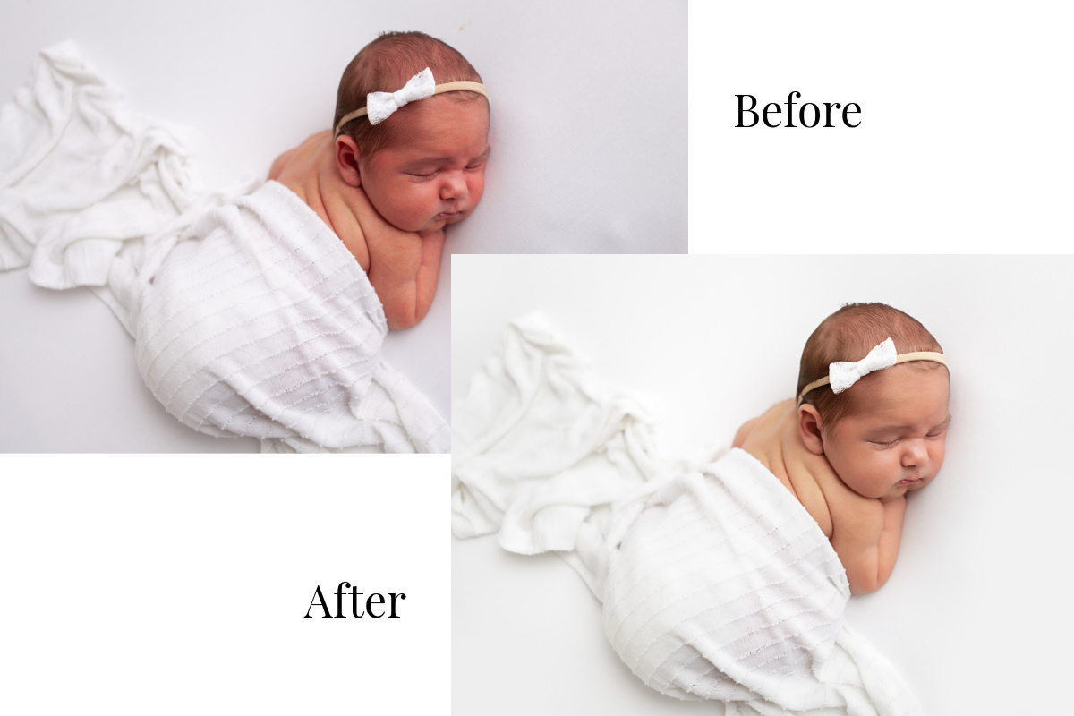 two newborn baby girl images before and after editing