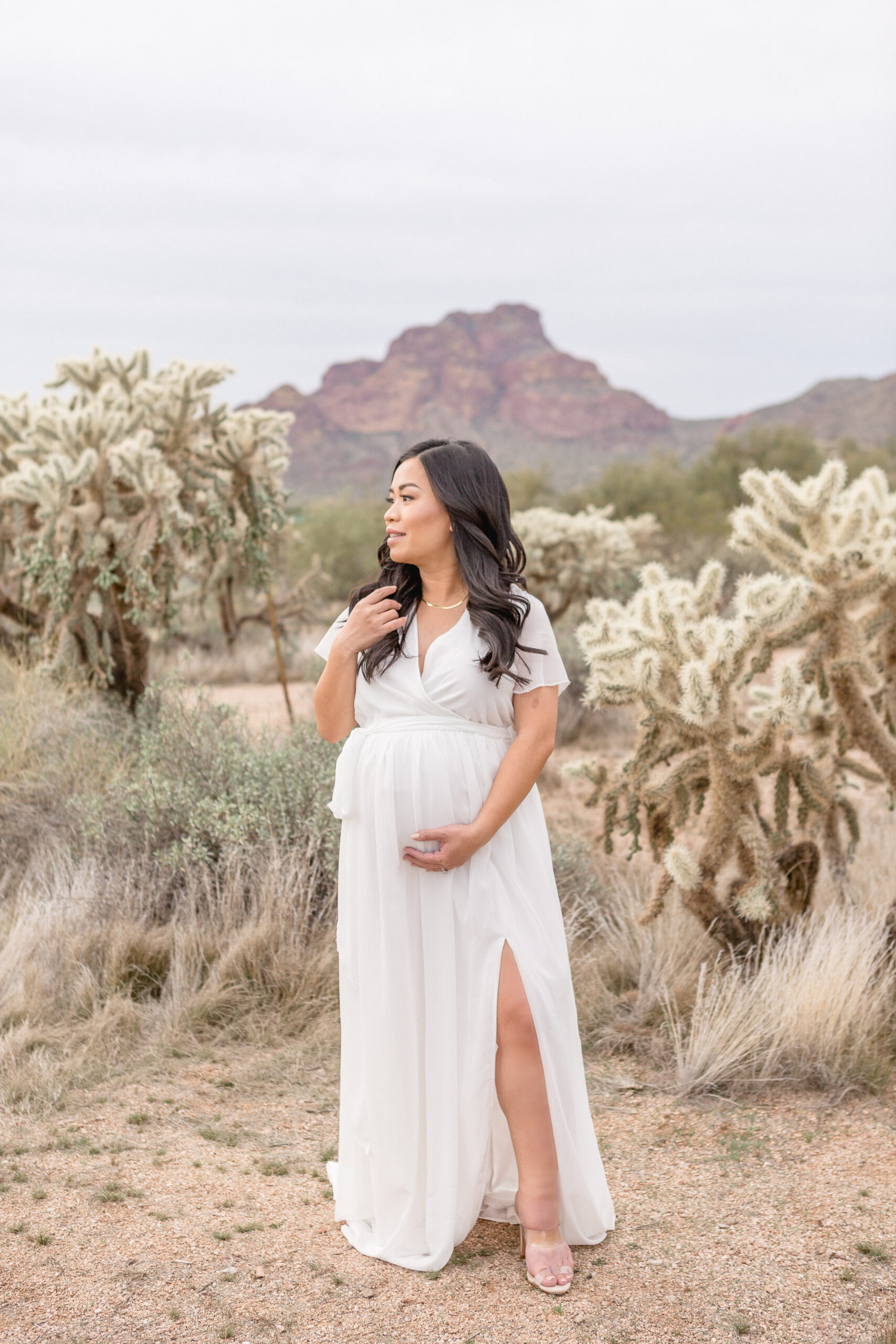 pregnant mom standing in beautiful desert scenery, gently cradling her round pregnant belly