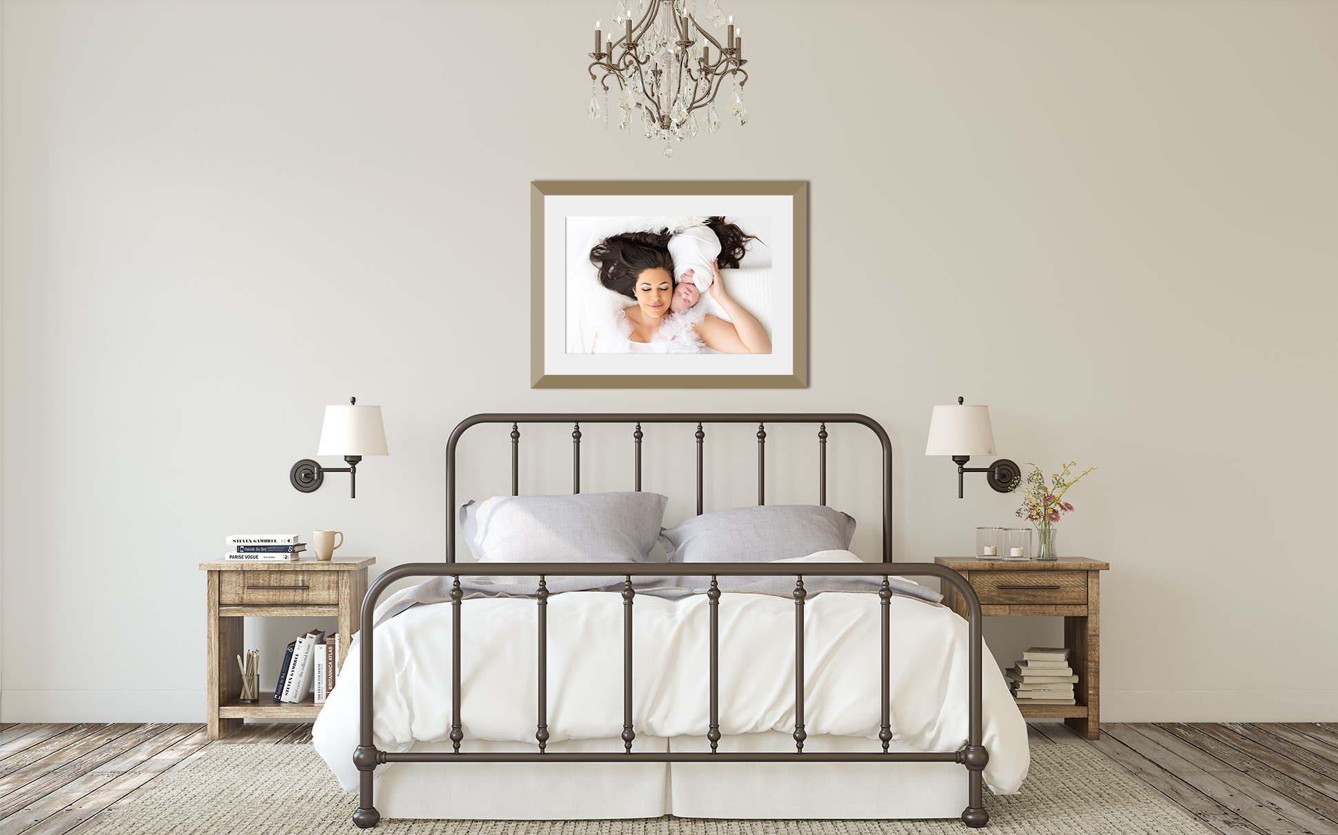 modern bedroom has single beautiful large portrait of mom and newborn baby taken by Sally Whetten Photography