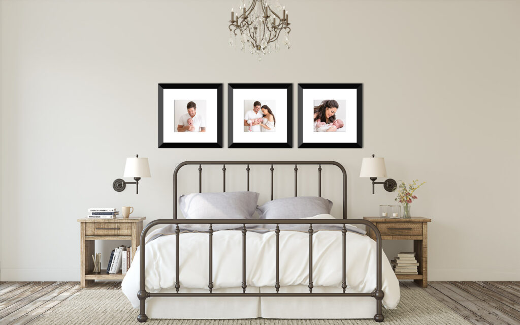 Modern bedroom with gallery wall of three portraits hanging above the bed. Portraits are of mom, dad and newborn baby beautifully captured by Sally Whetten Photography.